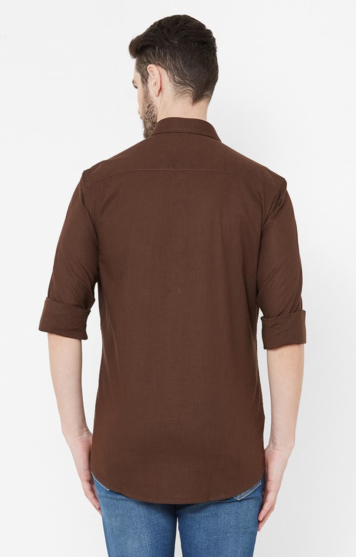 EVOQ | EVOQ Brown Cotton-Linen Full Sleeves Shirt for Men 4