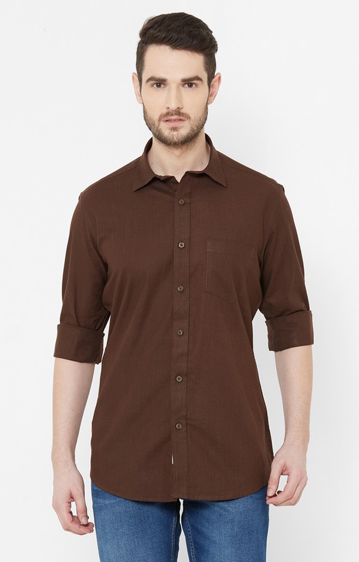 EVOQ | EVOQ Brown Cotton-Linen Full Sleeves Shirt for Men 0