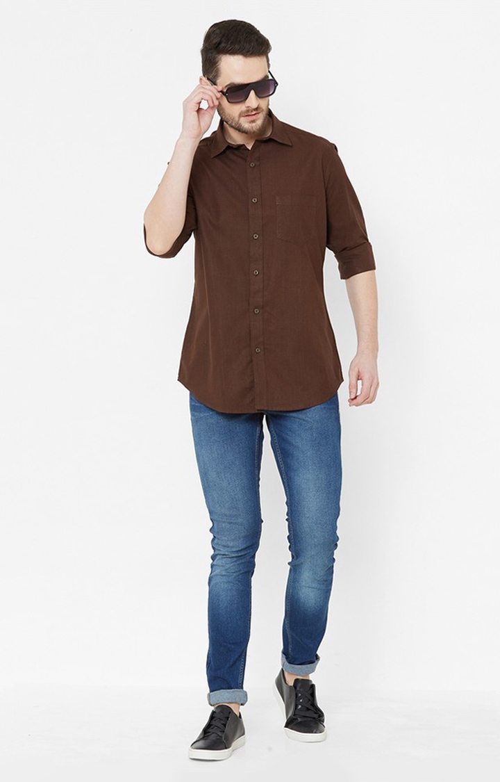 EVOQ | EVOQ Brown Cotton-Linen Full Sleeves Shirt for Men 1