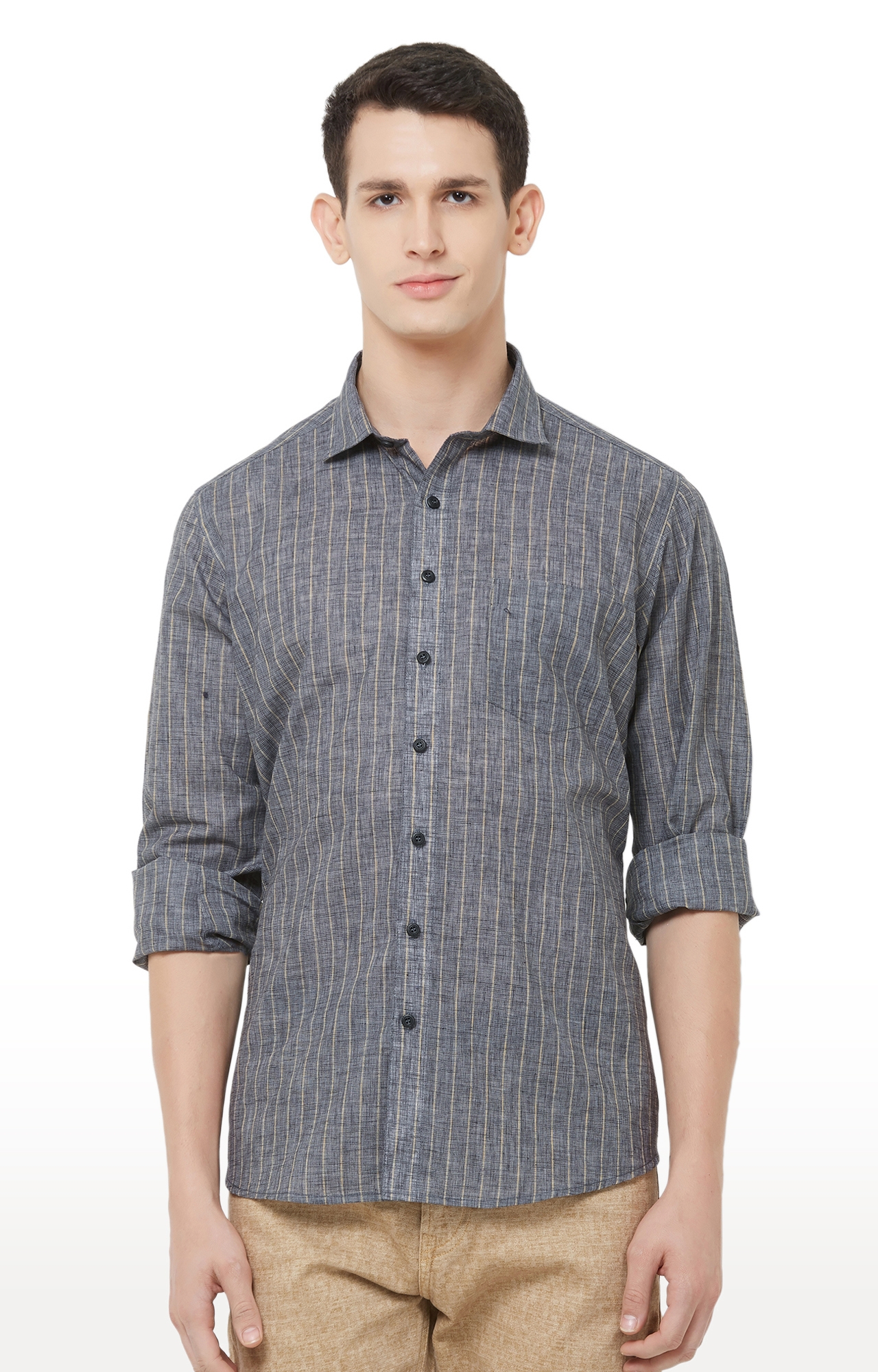 EVOQ | Grey Striped Linen Casual Shirt 0