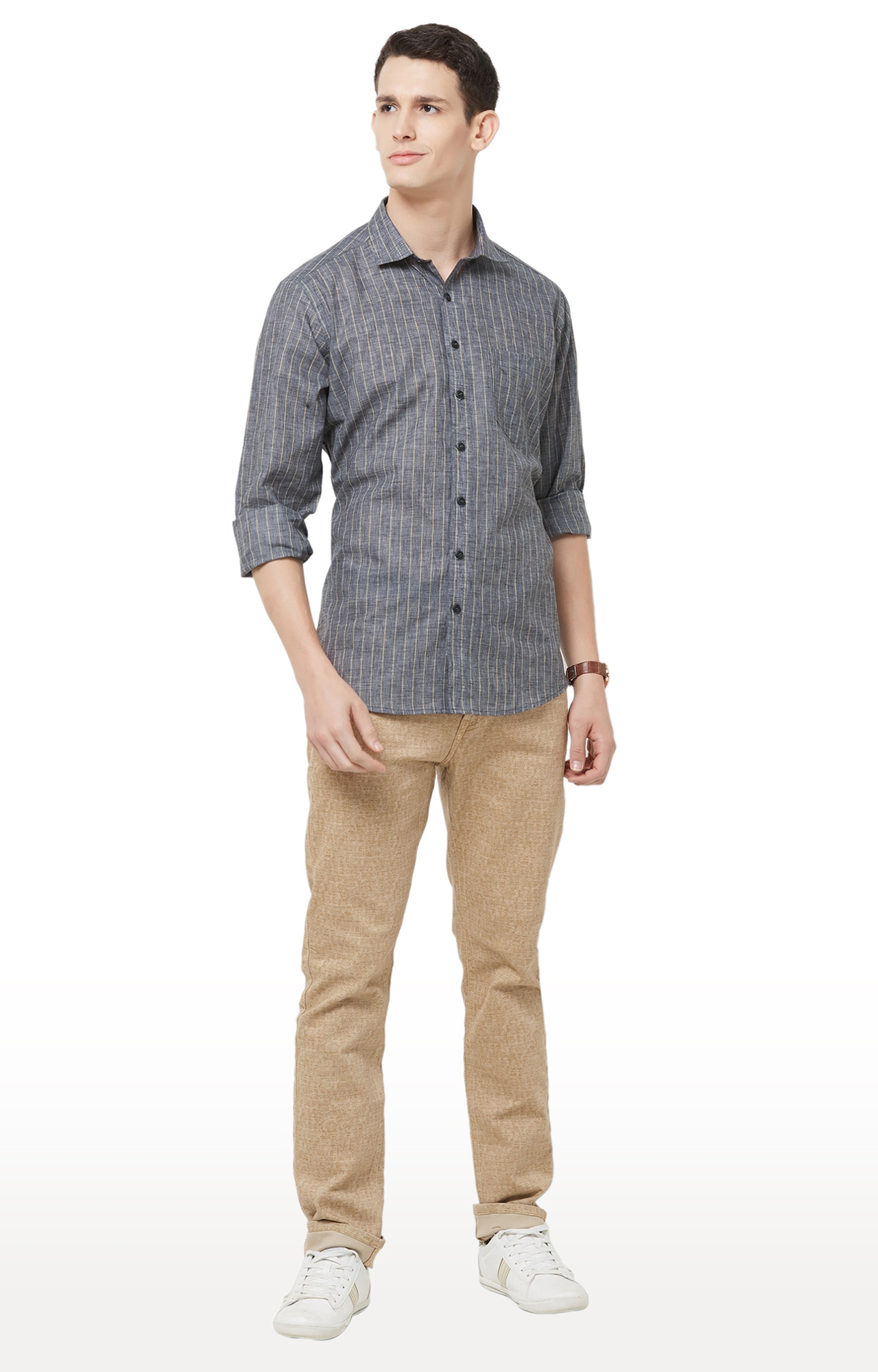 EVOQ | Grey Striped Linen Casual Shirt 1