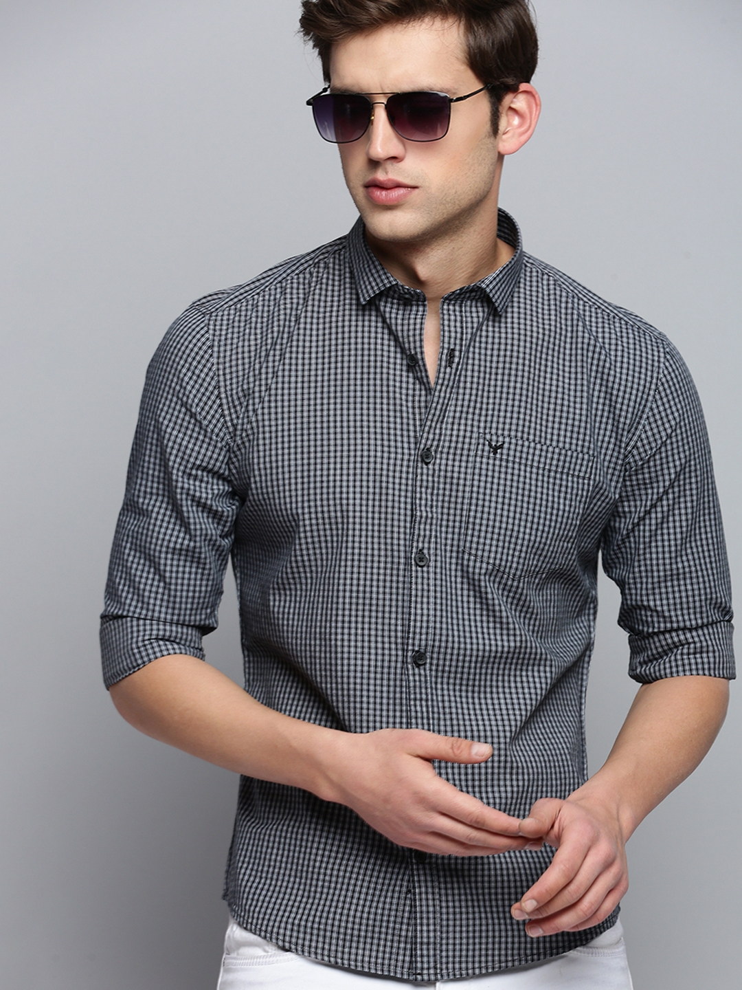 Showoff | SHOWOFF Men's Spread Collar Checked Black Classic Shirt 0