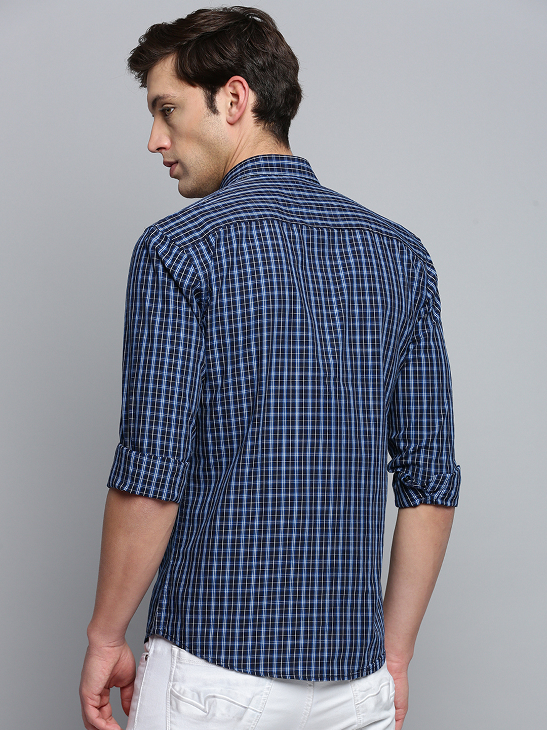 SHOWOFF Men's Spread Collar Checked Navy Blue Classic Shirt