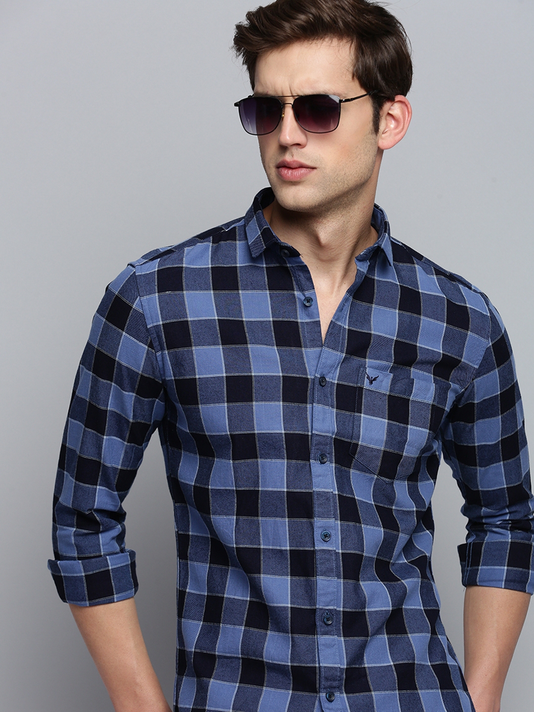 Showoff | SHOWOFF Men's Spread Collar Checked Blue Classic Shirt 0