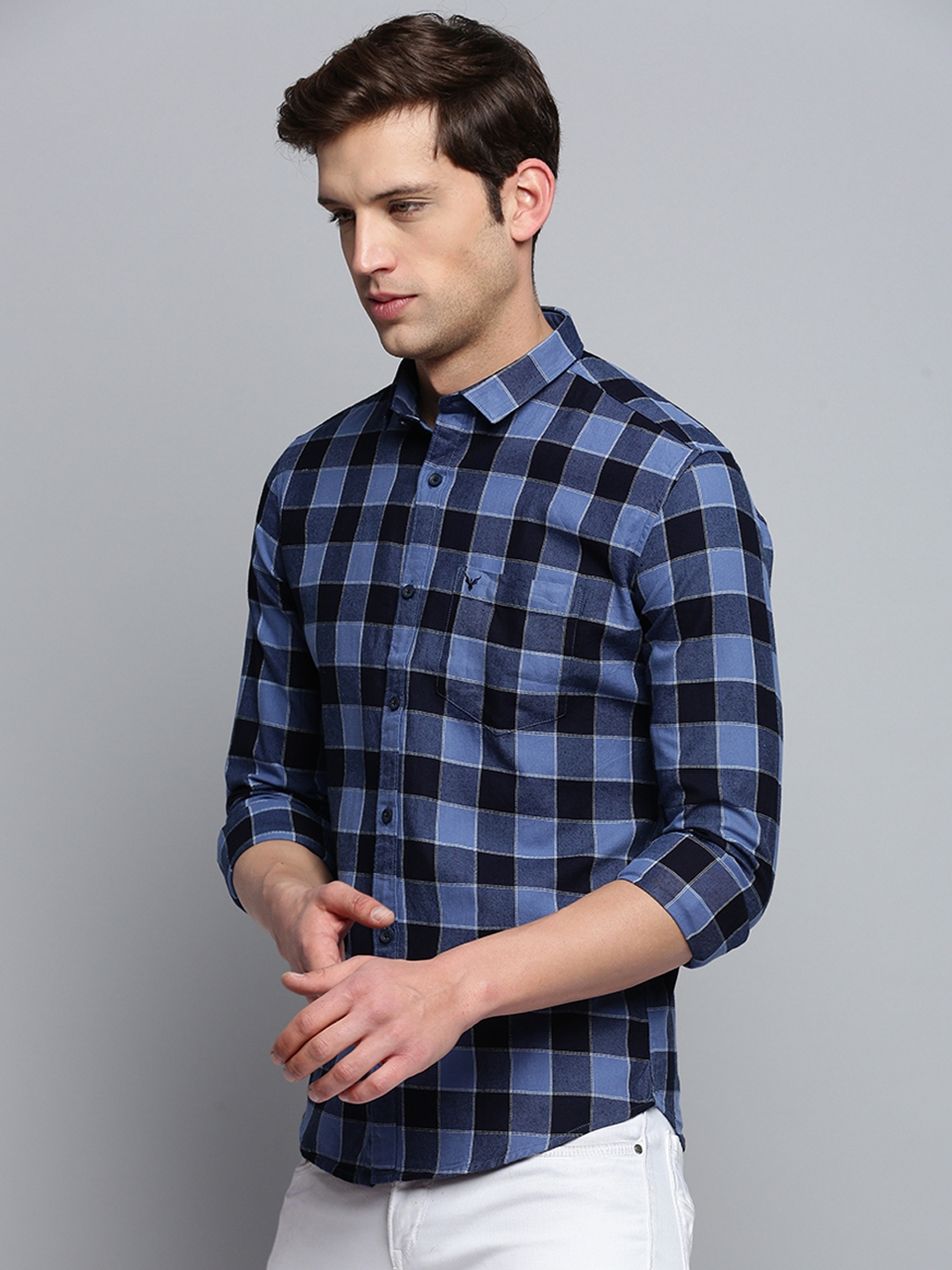 Showoff | SHOWOFF Men's Spread Collar Checked Blue Classic Shirt 2