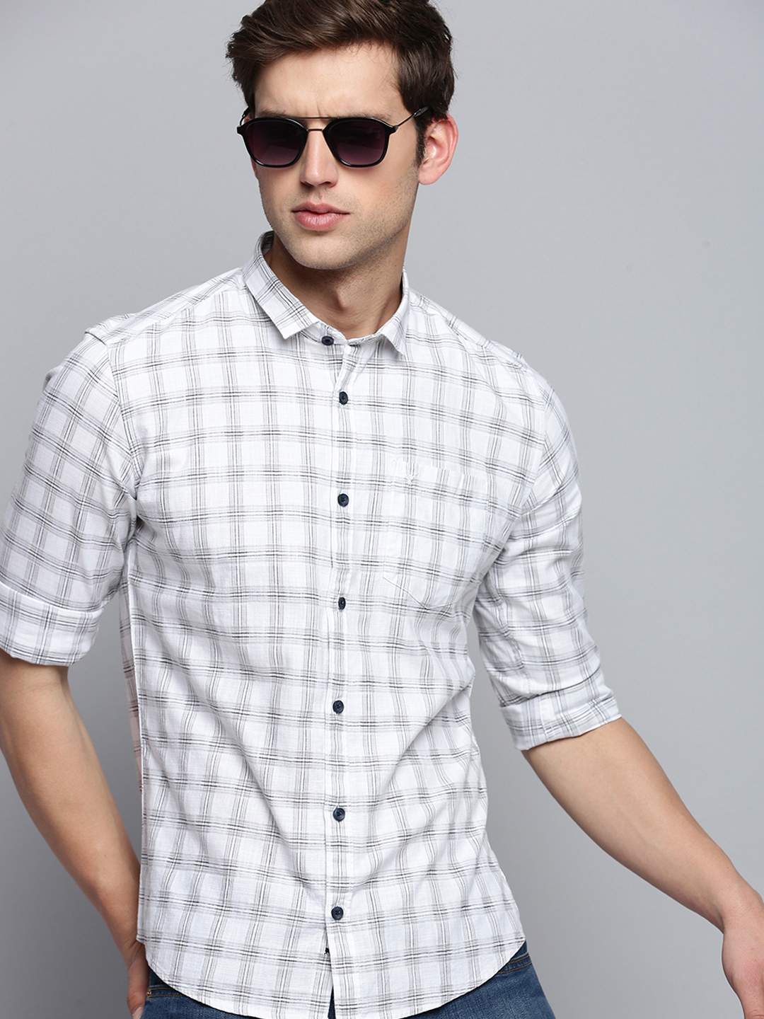 Showoff | SHOWOFF Men's Spread Collar Checked White Classic Shirt 0