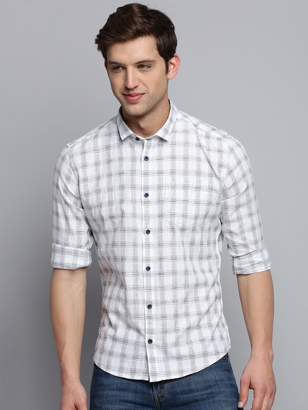 Showoff | SHOWOFF Men's Spread Collar Checked White Classic Shirt 1