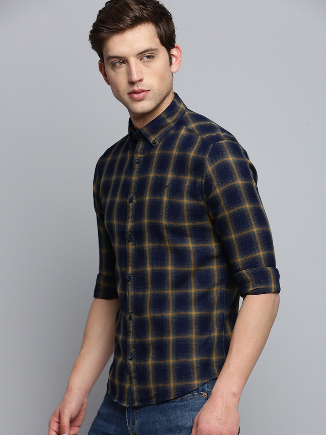 Showoff | SHOWOFF Men's Spread Collar Checked Navy Blue Classic Shirt 2