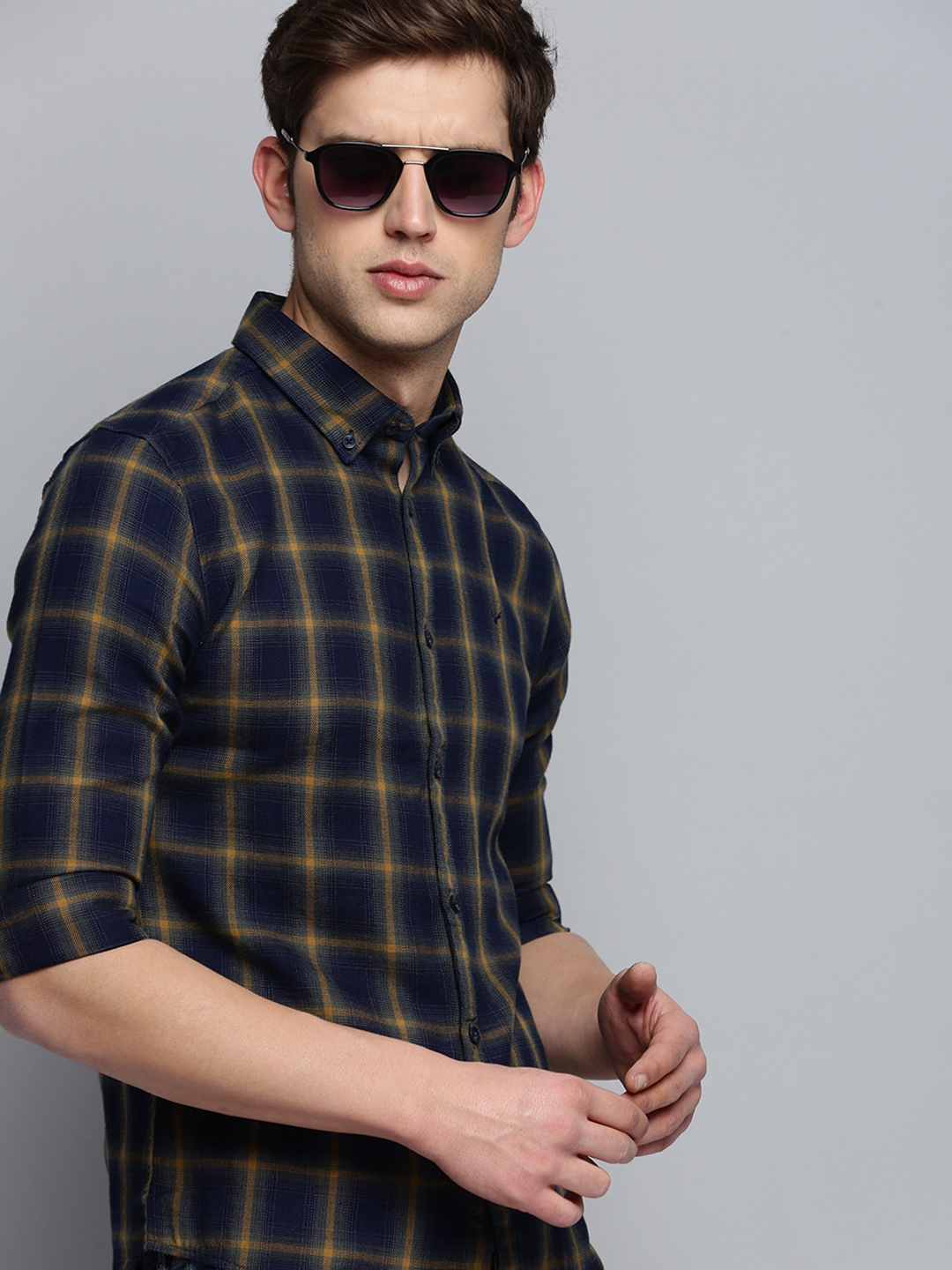 Showoff | SHOWOFF Men's Spread Collar Checked Navy Blue Classic Shirt 0