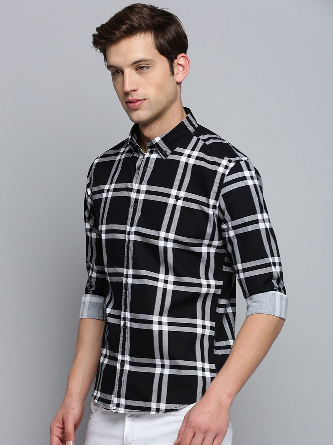 Showoff | SHOWOFF Men's Spread Collar Checked Black Classic Shirt 2