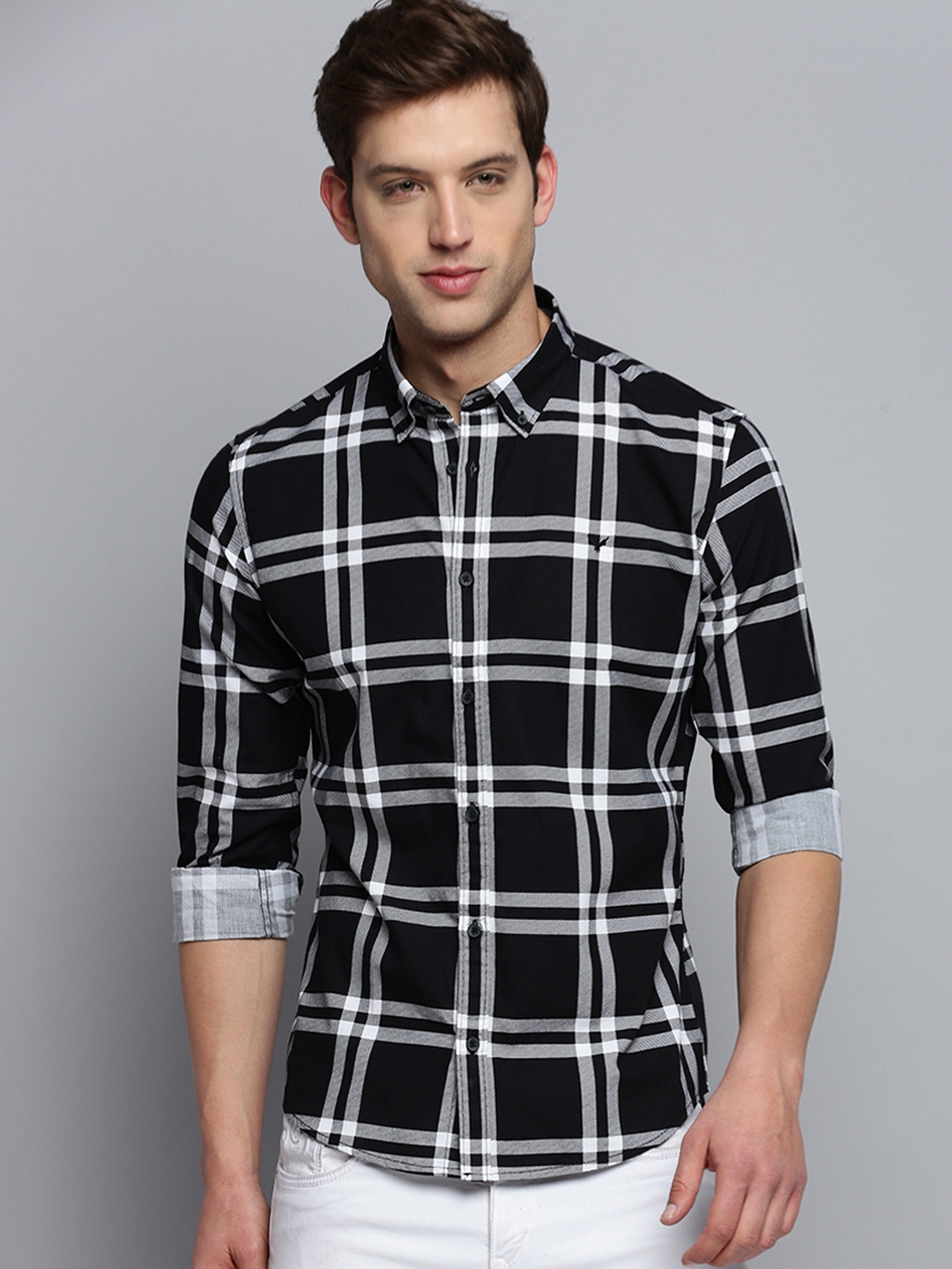 Showoff | SHOWOFF Men's Spread Collar Checked Black Classic Shirt 1