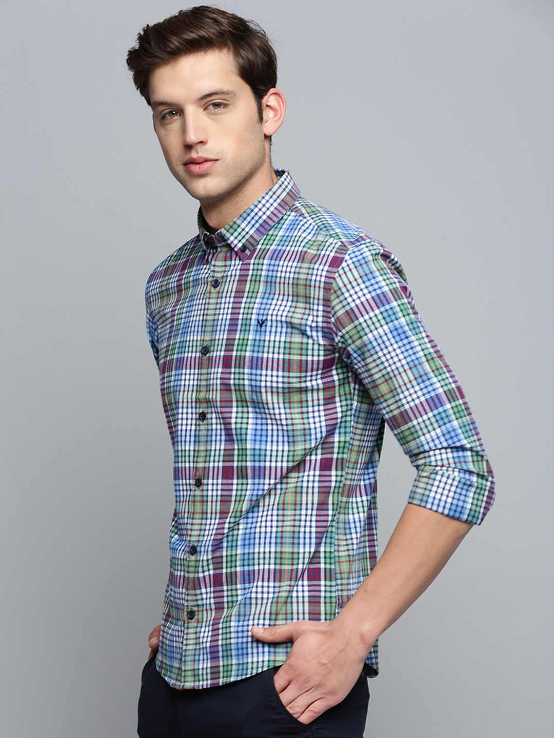 Showoff | SHOWOFF Men's Spread Collar Checked Blue Classic Shirt 2