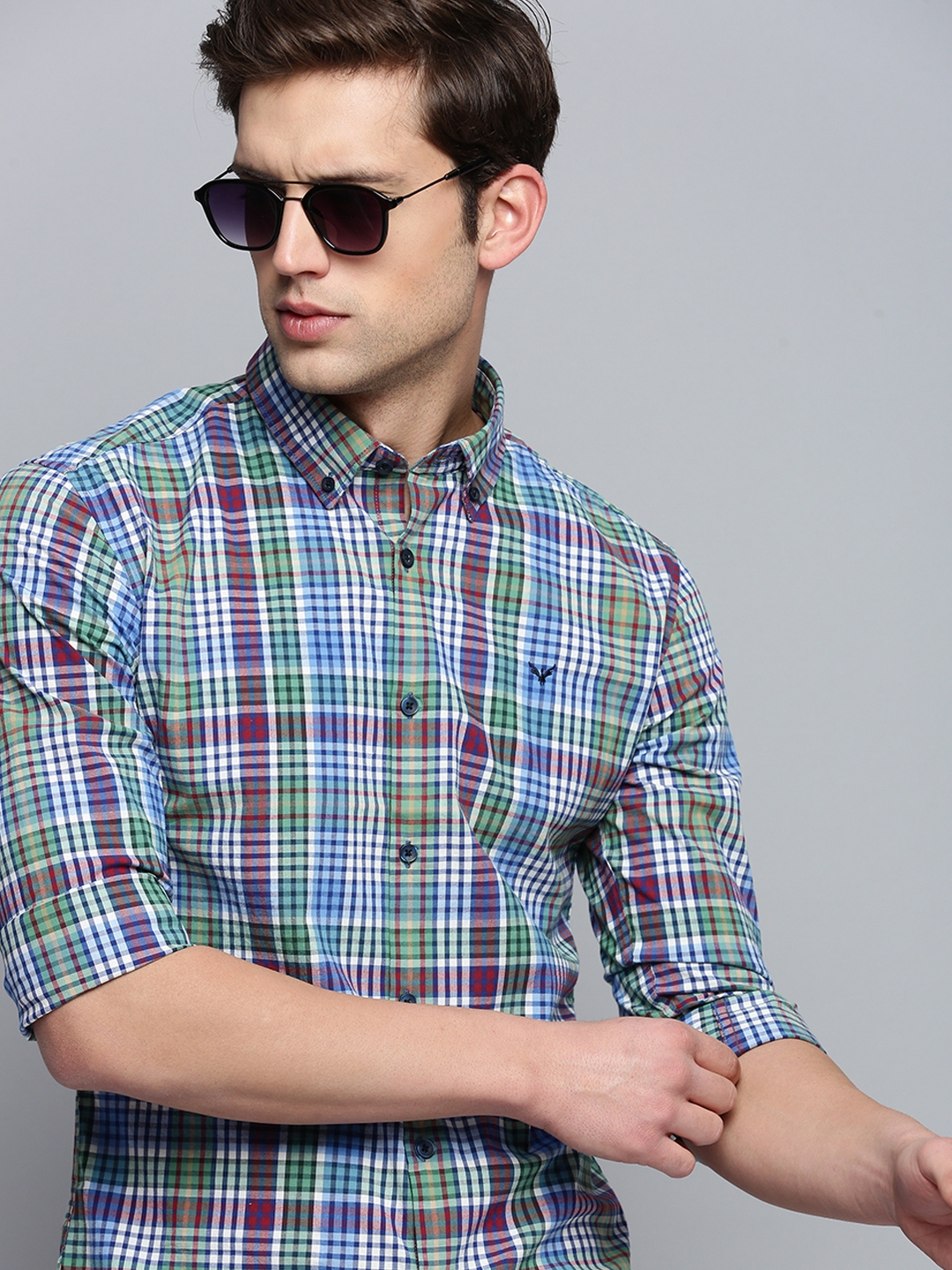 Showoff | SHOWOFF Men's Spread Collar Checked Blue Classic Shirt 0
