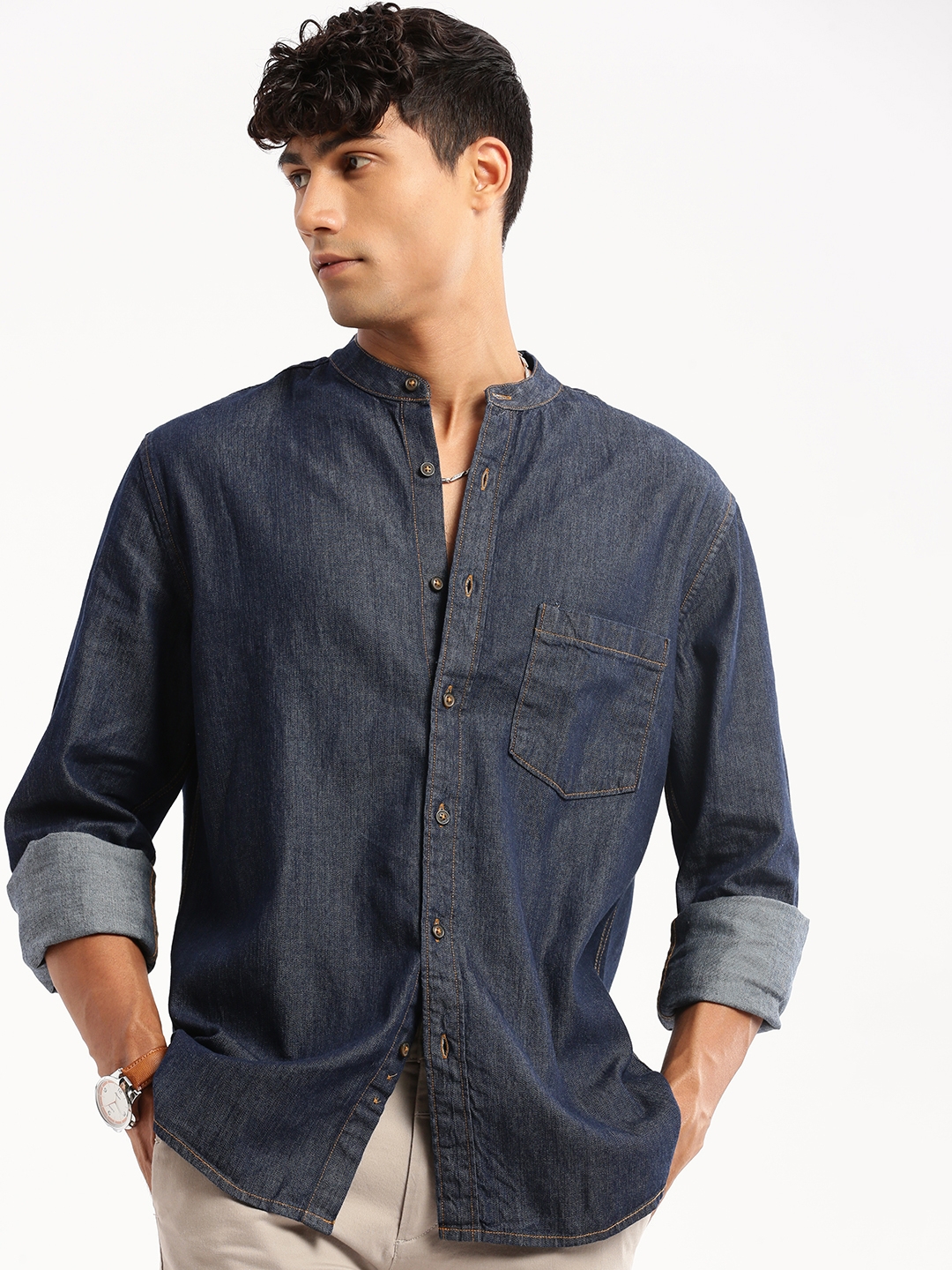 Men's Navy Blue Mandarin Collar Solid Shirt