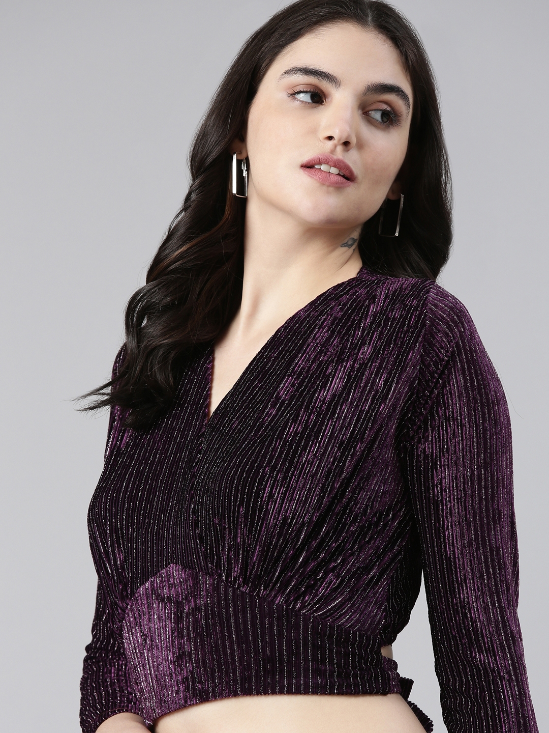 Showoff | SHOWOFF Women's V-Neck Regular Sleeves Self Design Cinched Waist Purple Crop Top 0