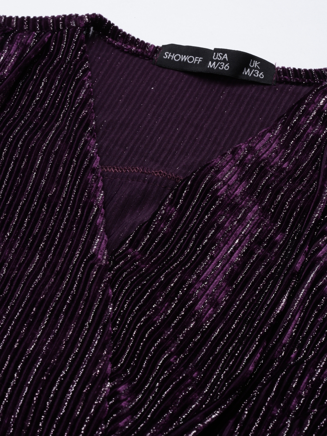 Showoff | SHOWOFF Women's V-Neck Regular Sleeves Self Design Cinched Waist Purple Crop Top 2