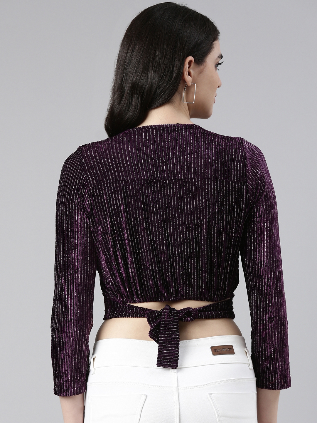 Showoff | SHOWOFF Women's V-Neck Regular Sleeves Self Design Cinched Waist Purple Crop Top 4