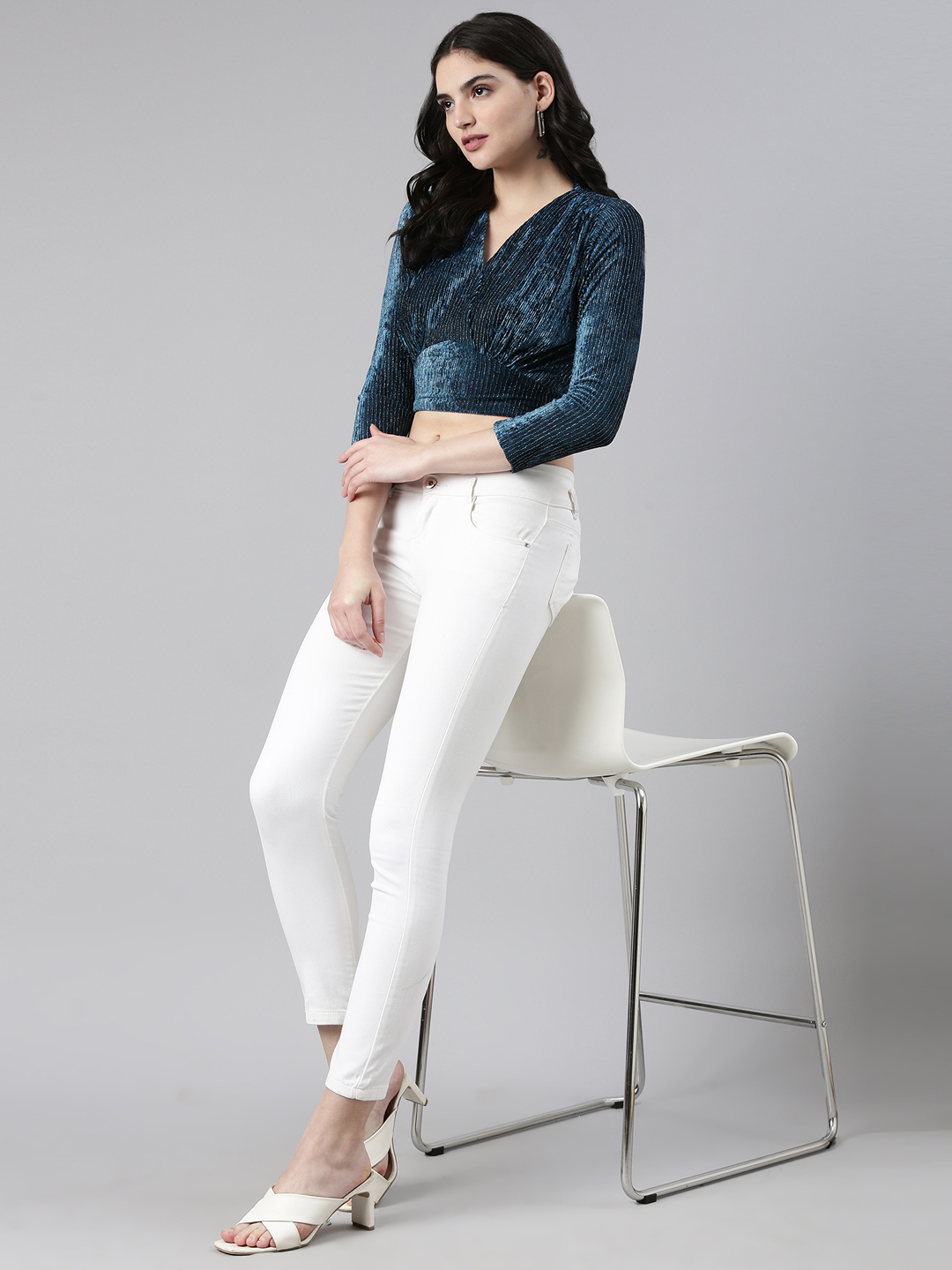 SHOWOFF Women's V-Neck Regular Sleeves Self Design Cinched Waist Teal Crop Top