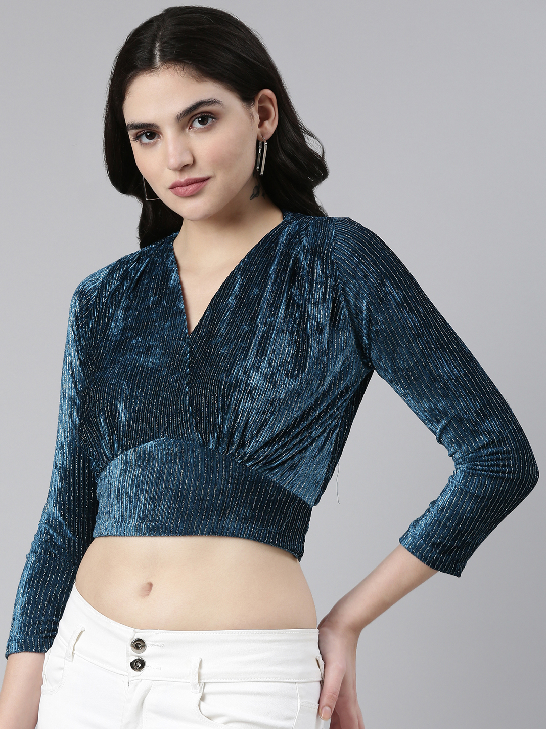 SHOWOFF Women's V-Neck Regular Sleeves Self Design Cinched Waist Teal Crop Top