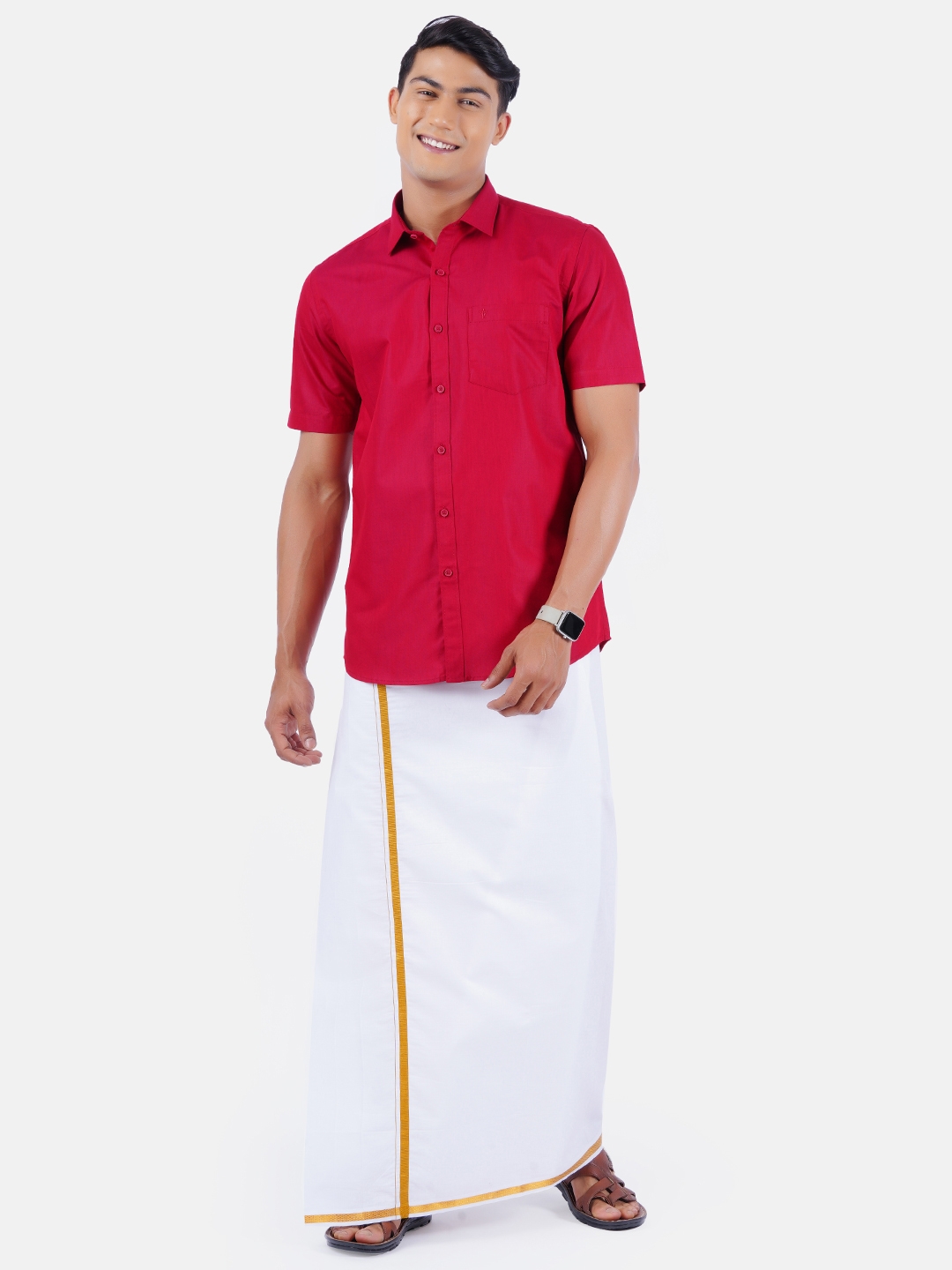 Ramraj Cotton | Ramraj Cotton Mens Cotton Red Half Sleeves Shirt With Jari Dhoti Combo 1