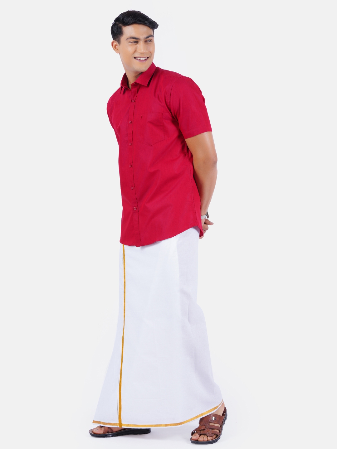 Ramraj Cotton | Ramraj Cotton Mens Cotton Red Half Sleeves Shirt With Jari Dhoti Combo 2