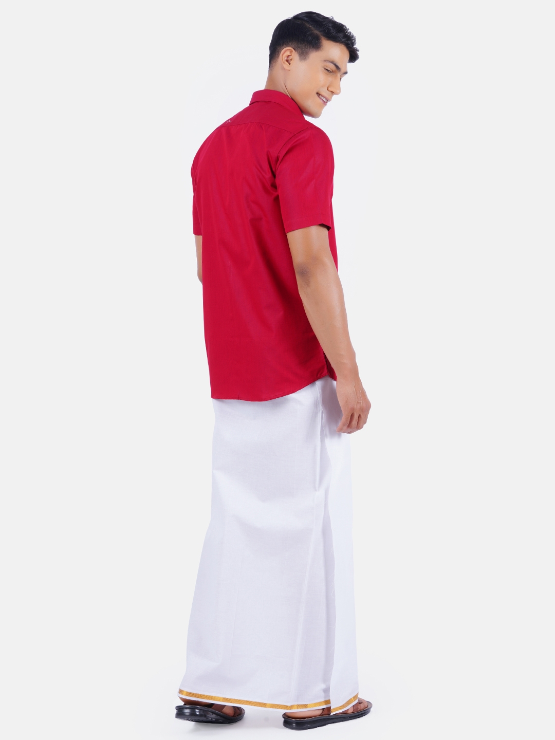 Ramraj Cotton | Ramraj Cotton Mens Cotton Red Half Sleeves Shirt With Jari Dhoti Combo 3