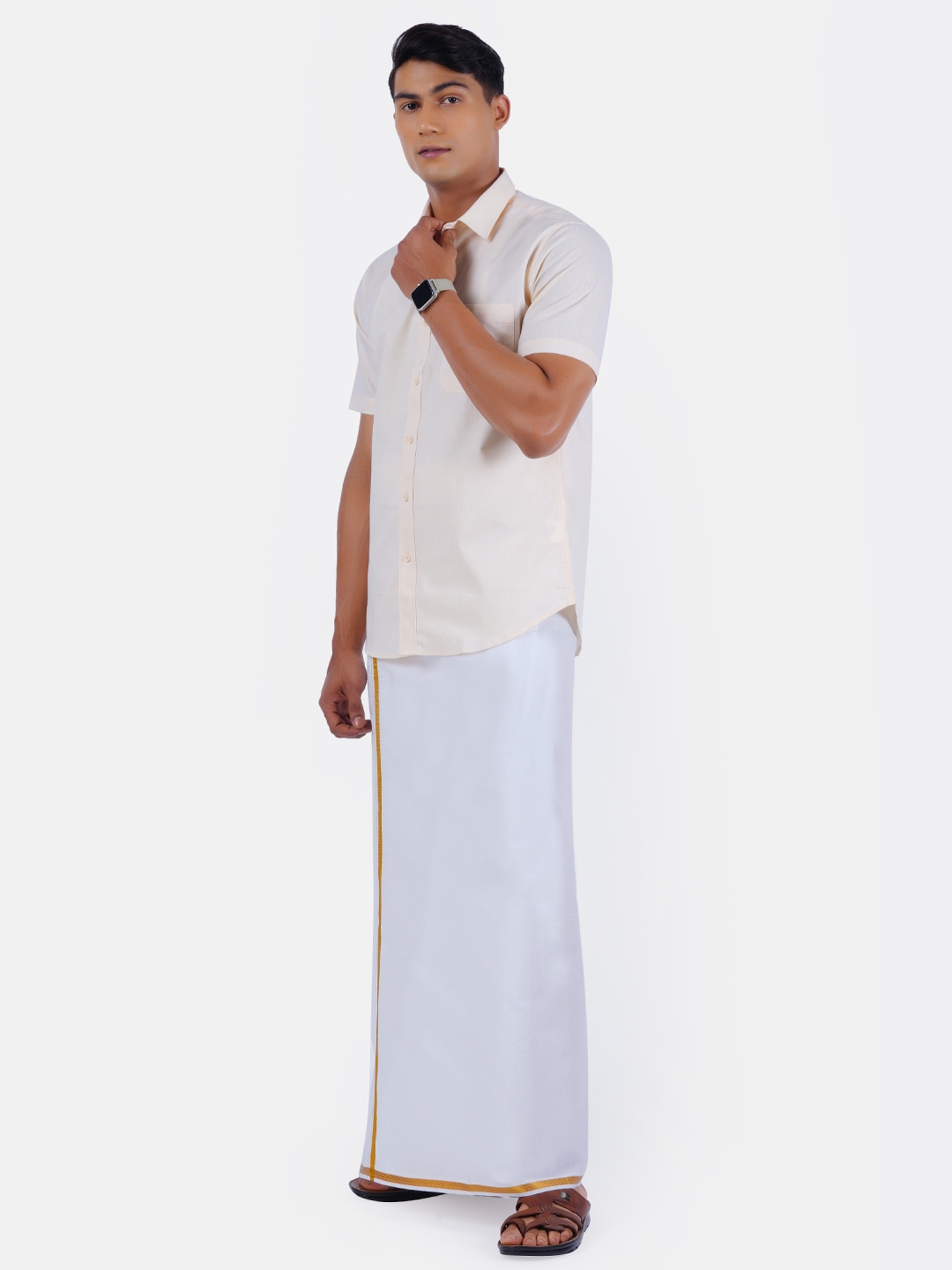 Ramraj Cotton | Ramraj Cotton Mens Cotton Sandal Half Sleeves Shirt With Jari Dhoti Combo 4