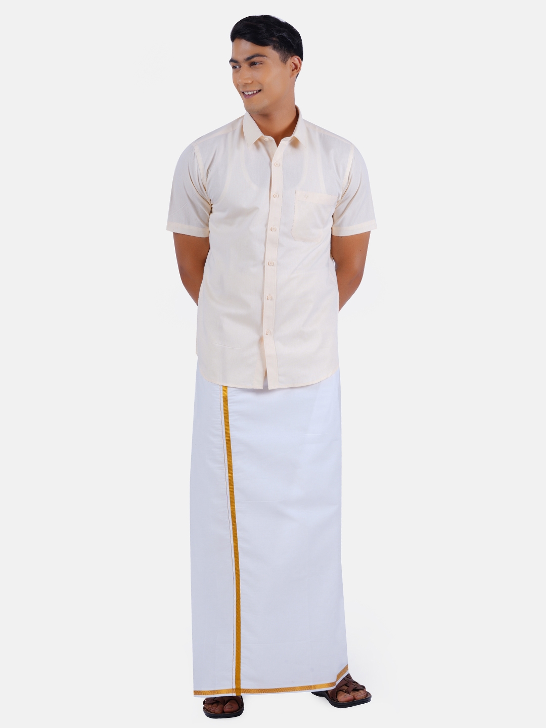 Ramraj Cotton | Ramraj Cotton Mens Cotton Sandal Half Sleeves Shirt With Jari Dhoti Combo 3