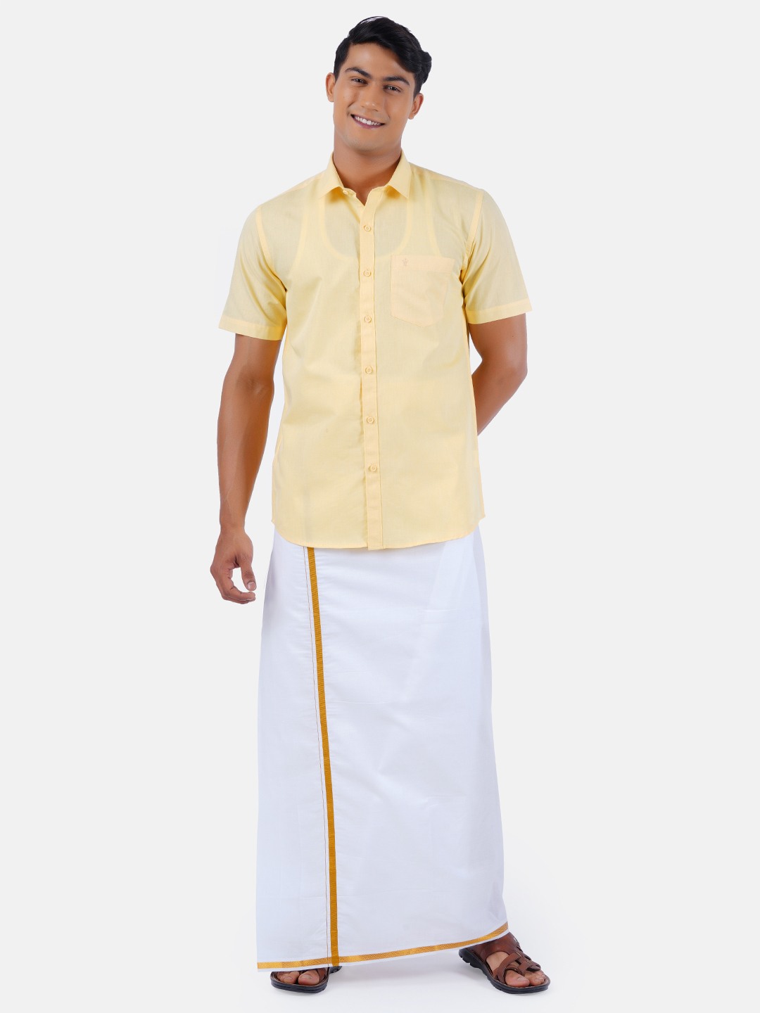 Ramraj Cotton Mens Cotton Yellow Half Sleeves Shirt With Jari Dhoti Combo