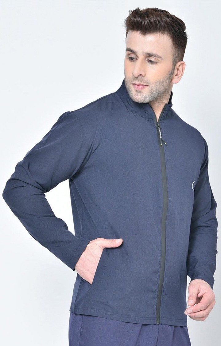 Men's Navy Blue Solid polyester Activewear Jackets