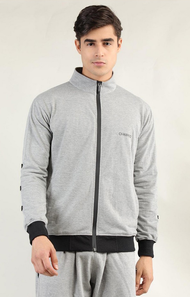 Men's Grey Solid Cotton Activewear Jackets
