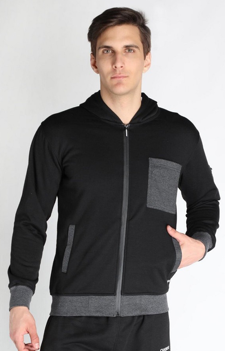 Men's Black Solid Polyester Activewear Jackets