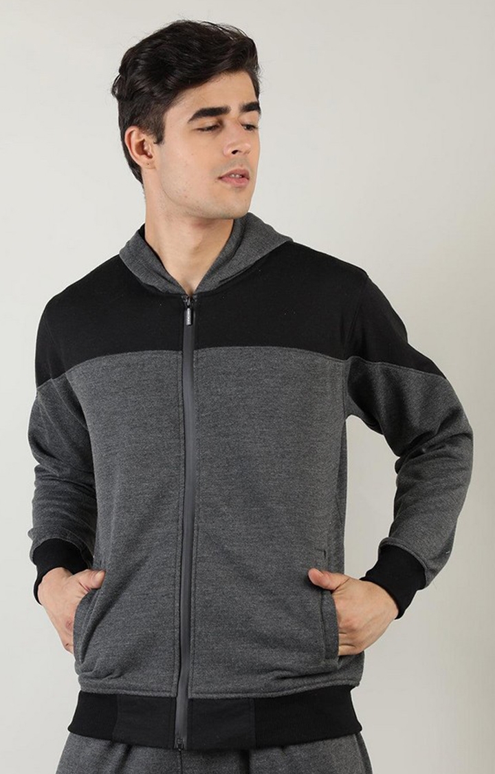 Men's Grey & Black Colorblocked Polyester Activewear Jackets