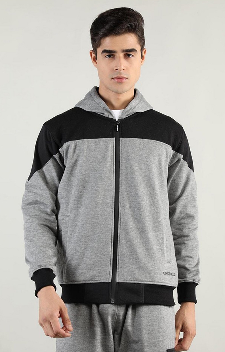 Men's Grey & Black Colorblocked Polyester Activewear Jackets