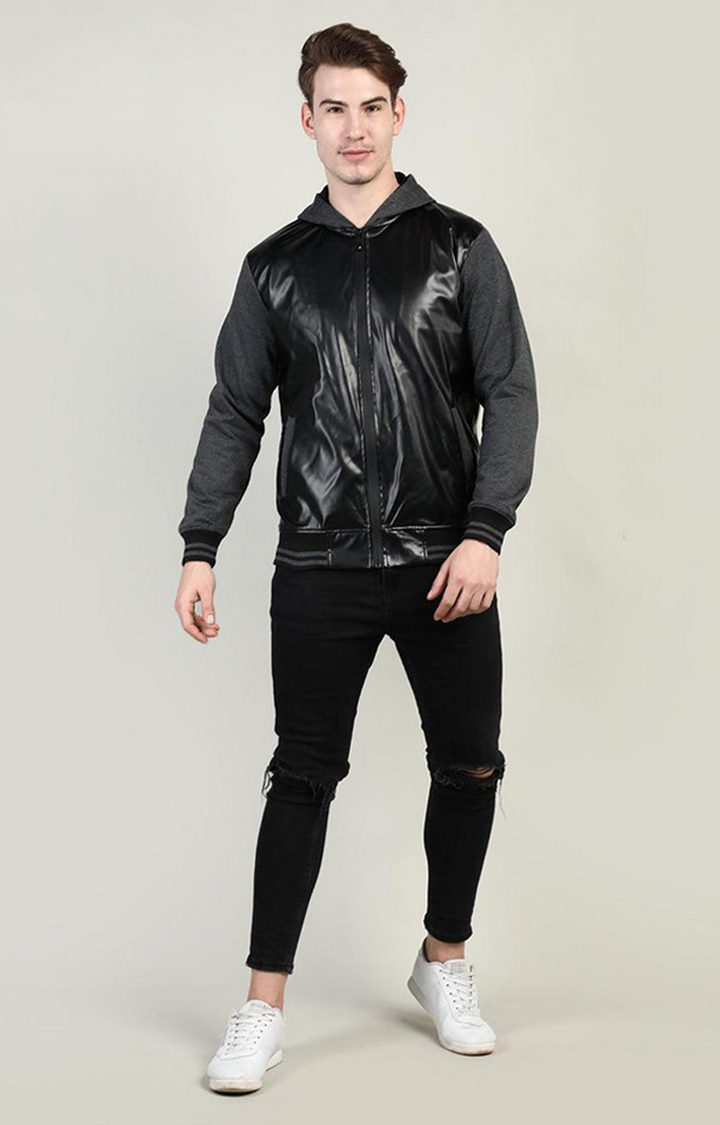 Men's Black Solid Polyester Hoodie