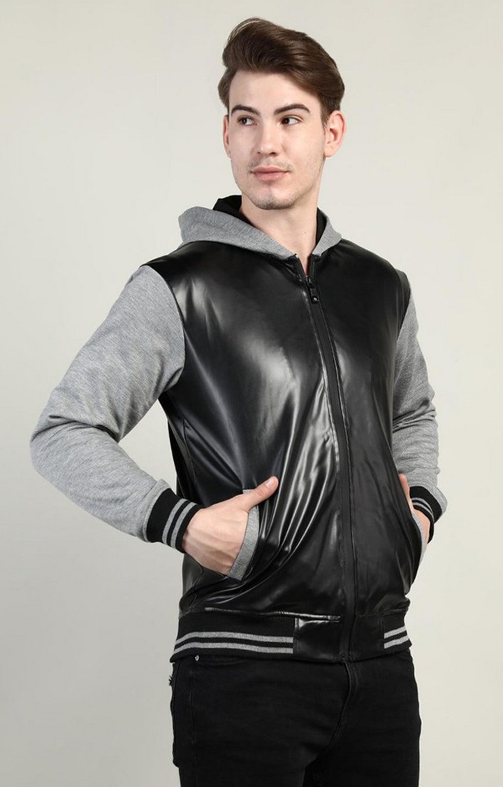 Men's Black Solid Polyester Hoodie