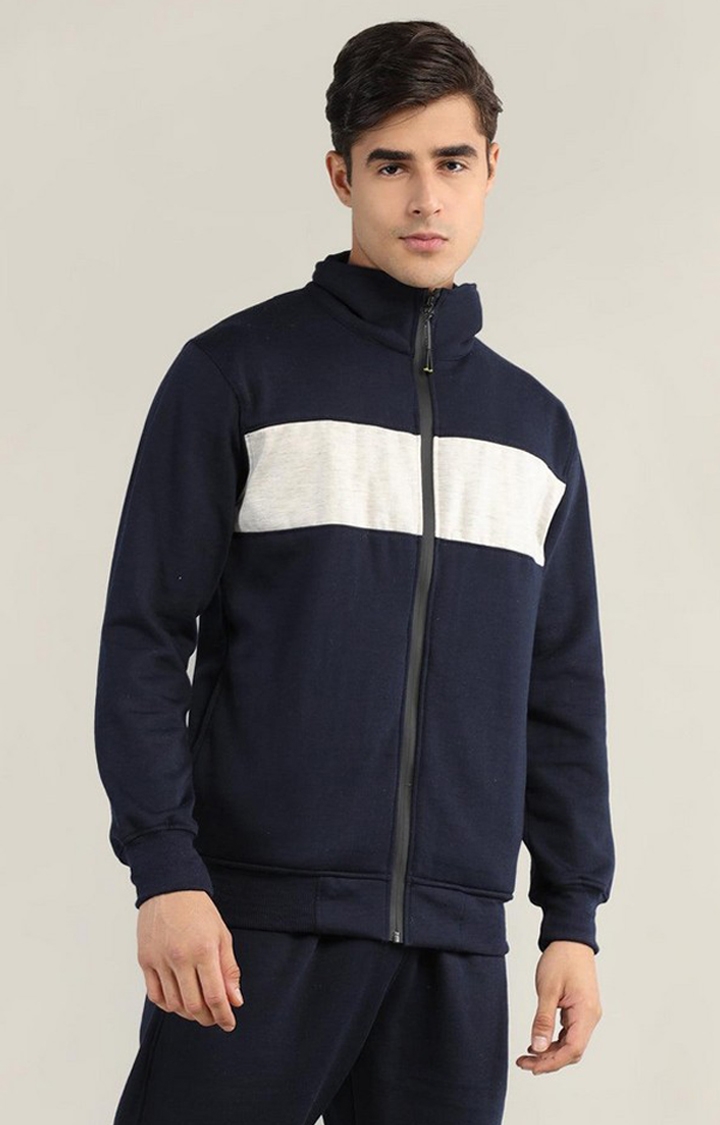 CHKOKKO | Men's Navy Blue & Grey Colorblocked Polyester Sweatshirts