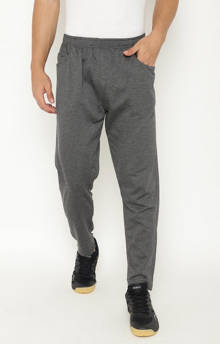 Men's Dark Grey Melange Textured Polyester Trackpant