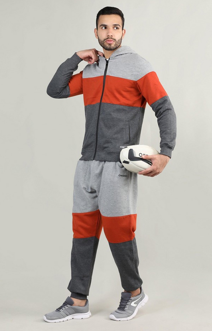 Men's Grey & Orange Colourblocked Polyester Activewear Jogger