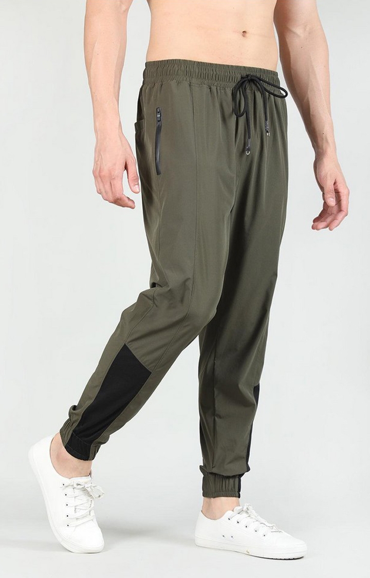 Men's Olive Green Solid Nylon Activewear Jogger
