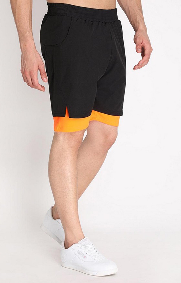 Men's Black & Orange Solid Polyester Activewear Shorts