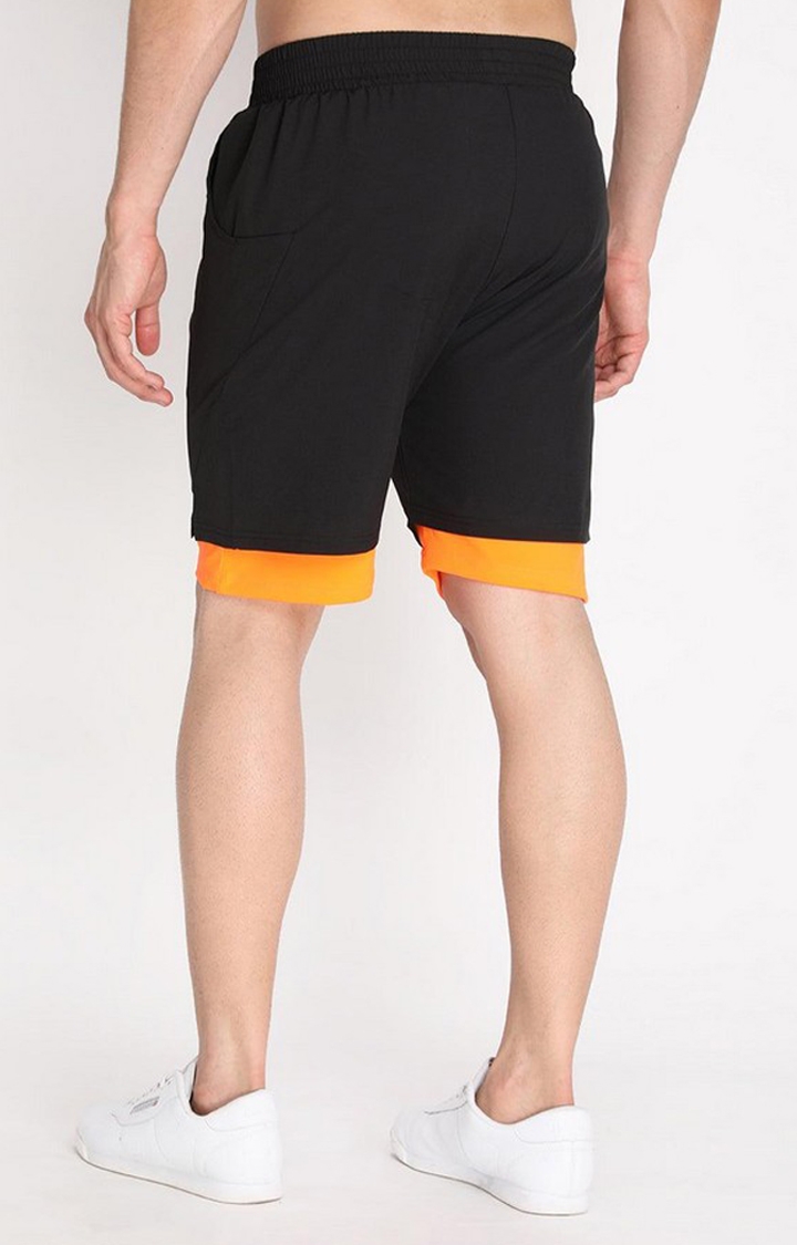 Men's Black & Orange Solid Polyester Activewear Shorts