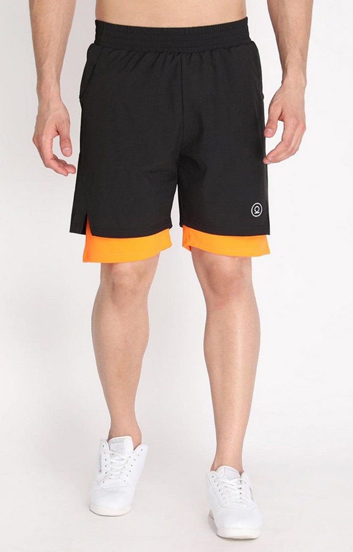 CHKOKKO | Men's Black & Orange Solid Polyester Activewear Shorts