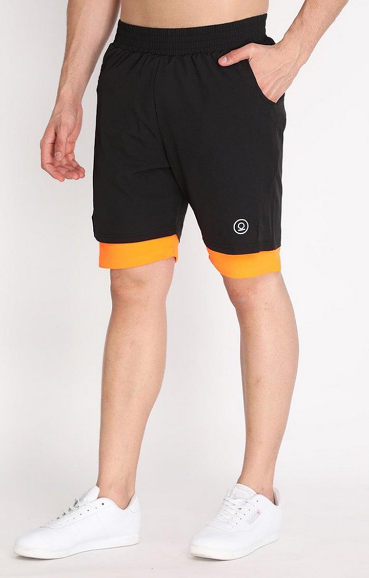 Men's Black & Orange Solid Polyester Activewear Shorts