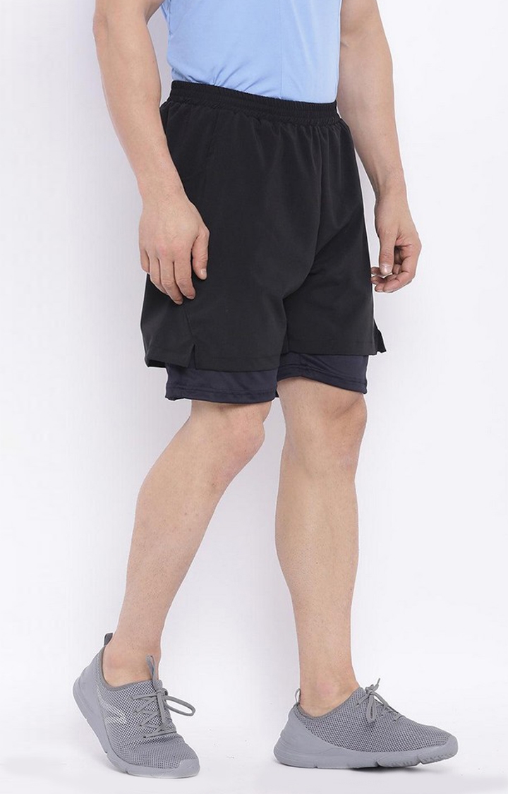 Men's Black & Navy Solid Polyester Activewear Shorts