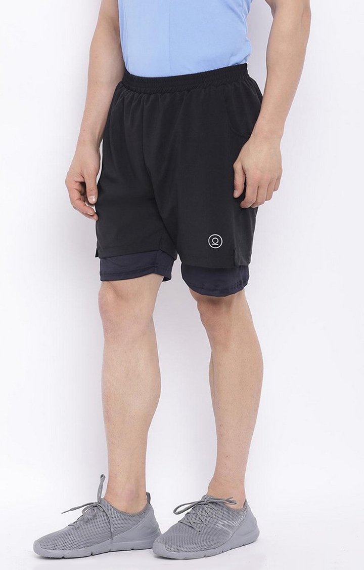 Men's Black & Navy Solid Polyester Activewear Shorts