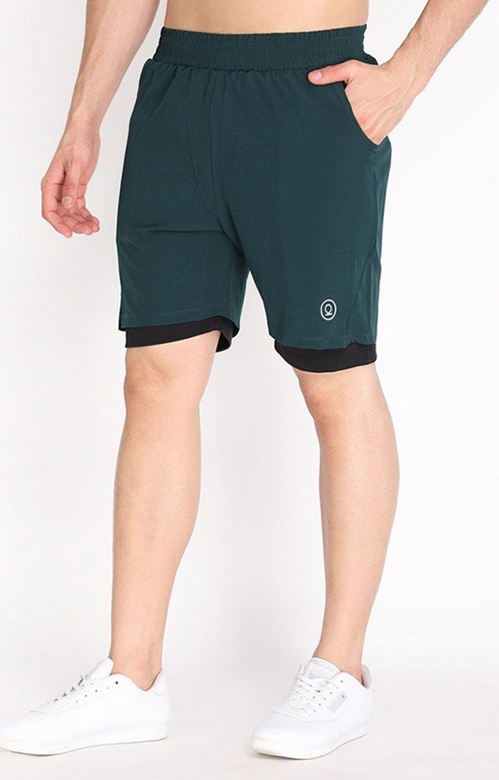 Men's Green & Black Solid Polyester Activewear Shorts