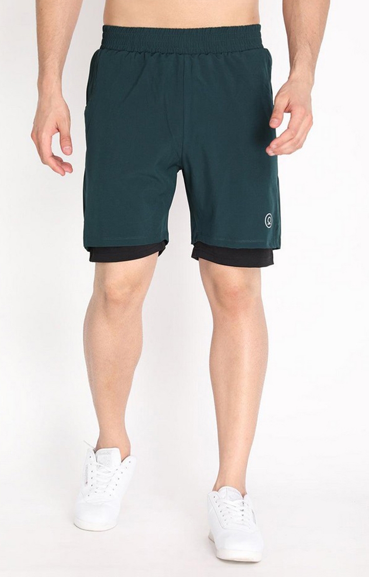 Men's Green & Black Solid Polyester Activewear Shorts