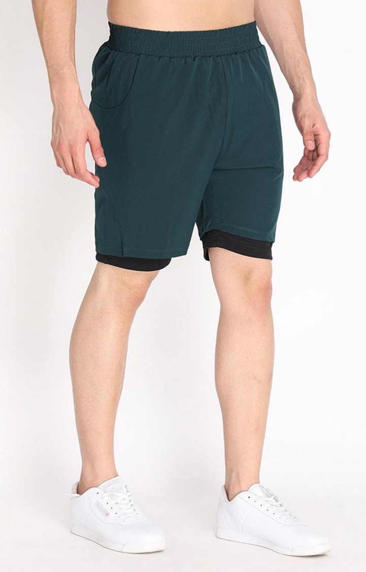 Men's Green & Black Solid Polyester Activewear Shorts