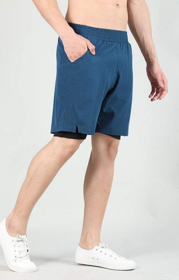 Men's Indigo Blue & Black Solid Polyester Activewear Shorts